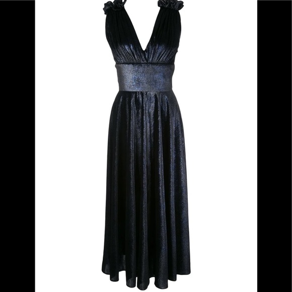 Christian Siriano Velvet V Neck Dress Navy Ruffle - Picture 4 of 10